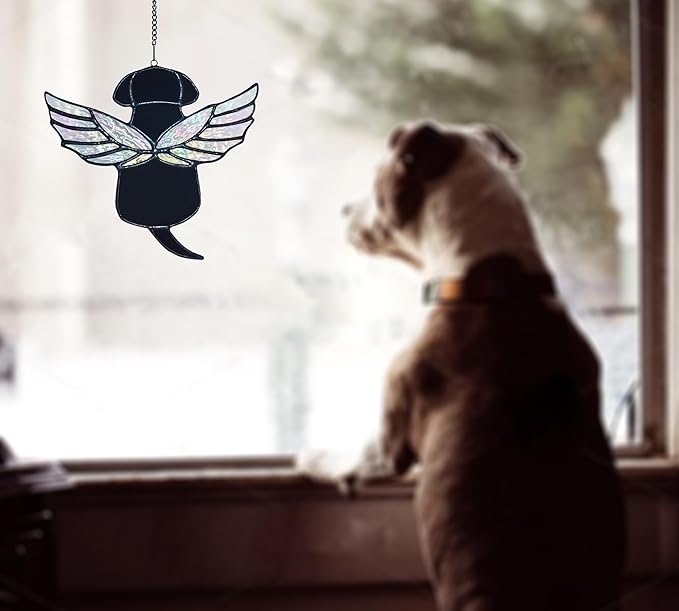 Stained Glass Rainbow Wing Angel Dog Memorial Gift for Loss of Dog Bereavement (Black)