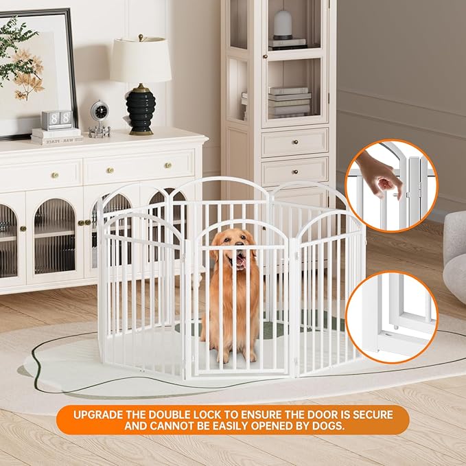 8 Panels Full Matel Freestanding Dog Gates with Door, 192"Extra Wide 32"Tall Free Standing Dog Pet Gate for Indoor & Outdoor. Foldable Pet Fences for Doorways, House, Stairs, Porch, Deck, Yard