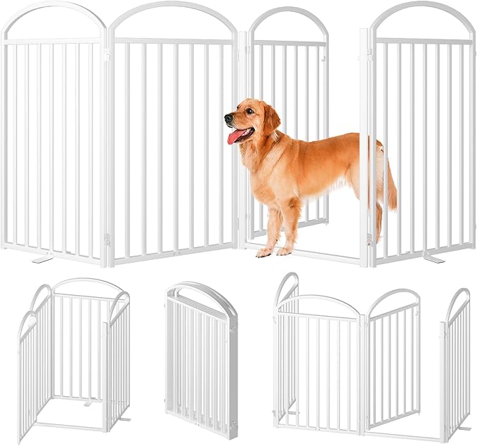 4 Panels Full Matel Freestanding Dog Gates with Door, 96"Extra Wide 36"Tall Free Standing Dog Pet Gate for Indoor & Outdoor. Foldable Pet Fences for Doorways, House, Stairs, Porch, Deck, Yard