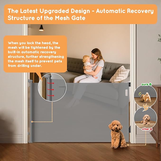 Retractable Baby Gate, 38" Extra Tall Mesh Dog Gate with Auto-Tension Design, 71" Wide One-Hand Operation Doorway Gates for Pets & Babies, No Bottom Rail Safety Gate for Hallways, Gray