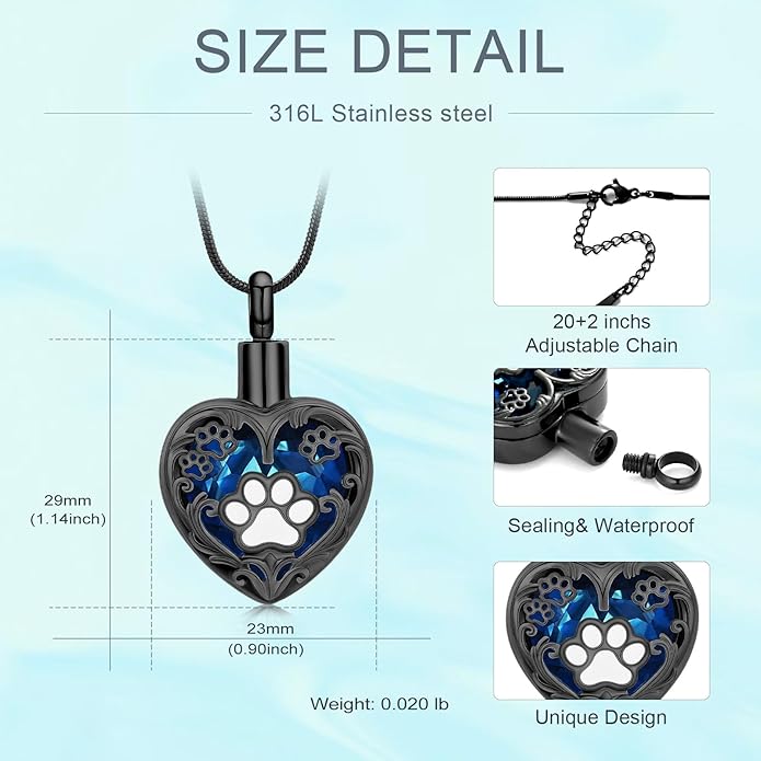 Heart Urn Necklace For Ashes Birthstone Pet Memorial Jewelry Dog Paw Print Cremation Pendant Stainless Steel Keepsake Gift For Pet Lovers