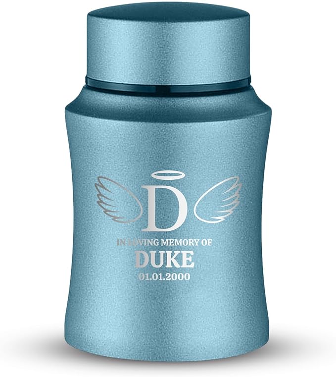 Customized Small Keepsake Urn Personalized Engraved with Pet Name, Date, and Dog Design - 4" Powder Coated Cremation Mini Compact Urn for Dogs Ashes | 5–10 Lbs Capacity | Powder Blue, Wings and Halo