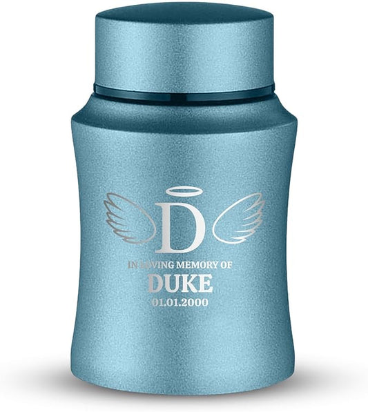 Customized Small Keepsake Urn Personalized Engraved with Pet Name, Date, and Dog Design - 4" Powder Coated Cremation Mini Compact Urn for Dogs Ashes | 5–10 Lbs Capacity | Powder Blue, Wings and Halo