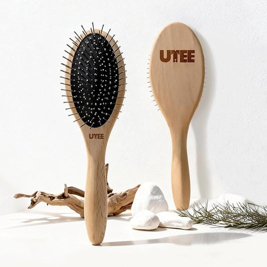 UTEE Professional Pin Brush for Long-Haired Dogs & Cats - Anti-Static Beechwood Grooming Brush with Massage Tips - Gentle De-tangling for Silky Coats & Sensitive Skin