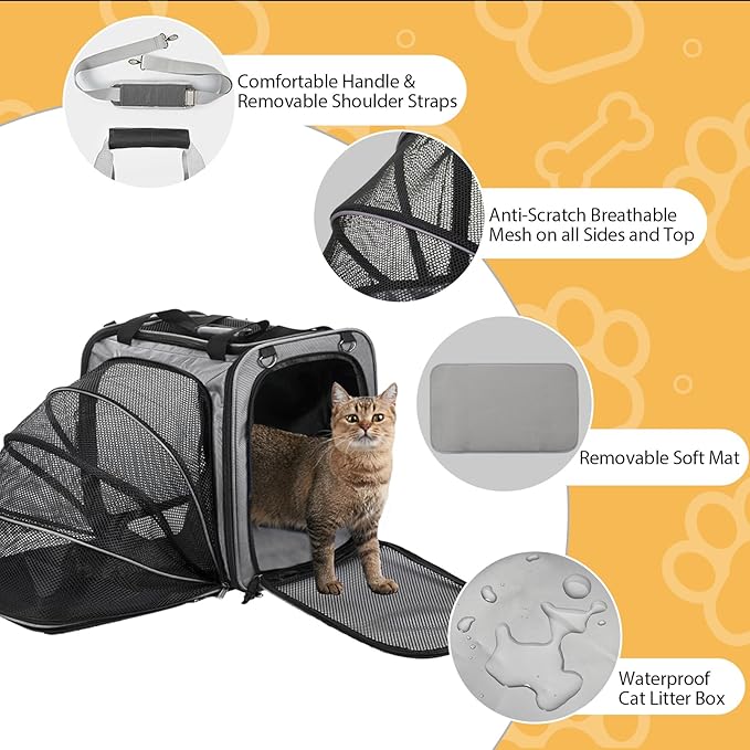 Cat Carrier with Litter Box for Large Cats, Expandable Cat Carrier for Car Travel Long Distance, Dog Carrier for Pets up to 20 lbs, Gray