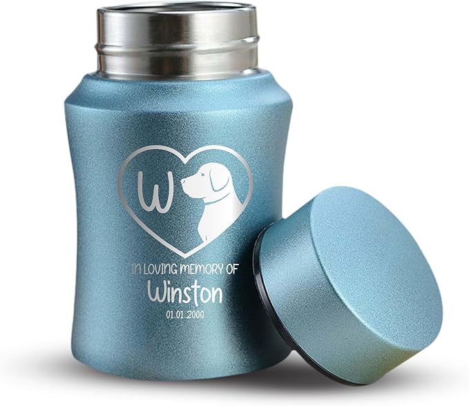 Customized Small Keepsake Urn Personalized Engraved with Pet Name, Date, and Dog Design - 4" Powder Coated Cremation Mini Compact Urn for Dogs Ashes | 5–10 Lbs Capacity | Powder Blue, Initial in Heart