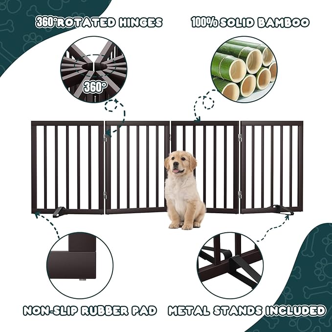 Freestanding Bamboo Wood Dog Gate Indoor, 4-Panel Pet Gates with 2 Stands and 360° Hinge for Doorways and Stairs, Puppy Gate for The House, Fully Assembled Safety Fence 74" W x 24" H - Espresso