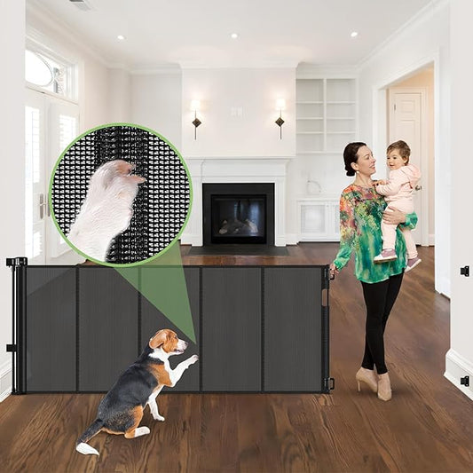 96 Inch Wide Reinforced Retractable Baby Gate with Support Rods, Extra Long Dog Gate Retractable Gate Outdoor Gates for Decks, Prevent Crawling Under Extra Long Baby Gates for Large Openings, Black