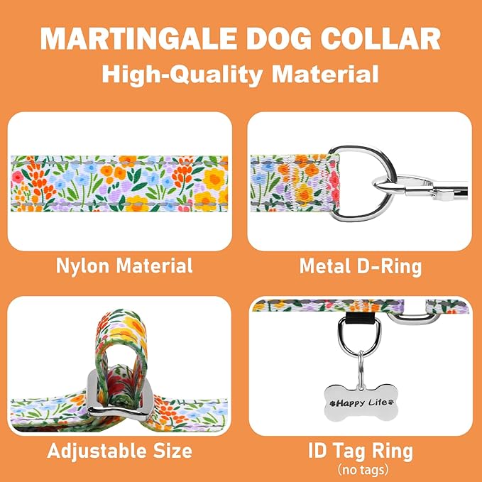 Reflective Martingale Collar for Dogs Nylon Training Collar with No Buckle Cute Floral No Pull Dog Collar for Large Dogs（Yellow Flower，L）