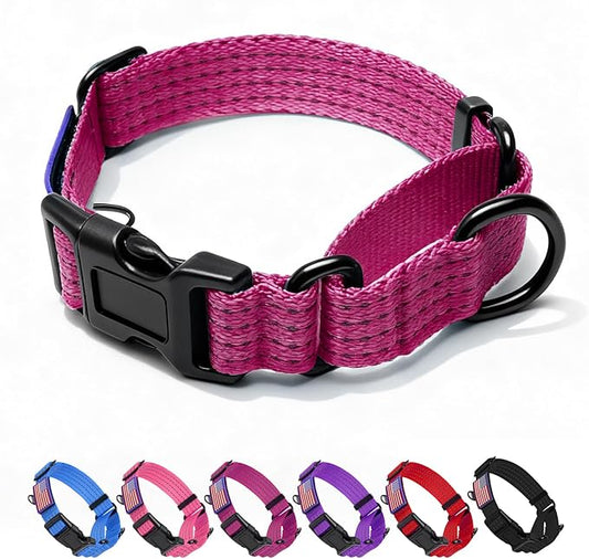 Martingale Collar for Dogs, Reflective Heavy Duty with Quick Release Nylon Buckle-USA Flag-No Pull Training Choker for Walking, Training, Hot Pink,M