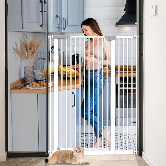 51.18" Extra Tall Pet Cat Gate for Doorway 29.5"- 40.5" Wide Auto Close Tall Dog Gate No Drilling Pressure Mounted for Hallway Kitchen,White