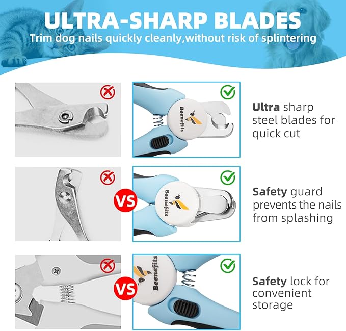 Large Dog Nail Clippers with Sharp Stainless Steel Blade for Smooth Cutting, Ergonomic TPE Handle Special Baffle to Avoid Flying Nail Fragments, Hidden Nail File (Large/Medium), Blue
