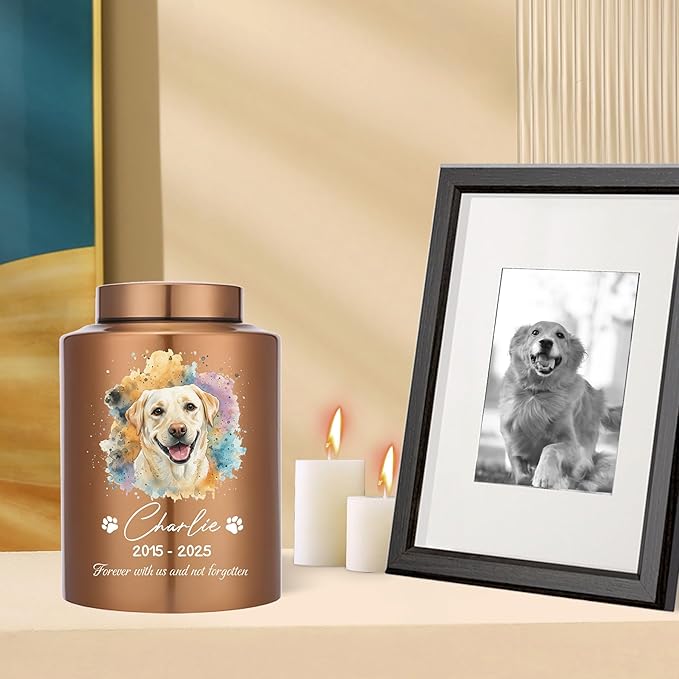 Dog Urns for Ashes Personalized Pet Ashes Urn Custom Keepsake with Name and Photo Cat Cremation Memorial Urn for Loss of Dogs or Cats Engraved Pet Funeral Urns (Watercolor Painting)