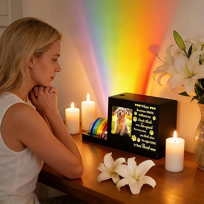Rainbow Bridge Pet Memorial Gifts - LED Light Dog or Cat Urns for Ashes with Personalized Photo Frame, Pet Memory Box Keepsake for Sympathy, Bereavement, Remembrance