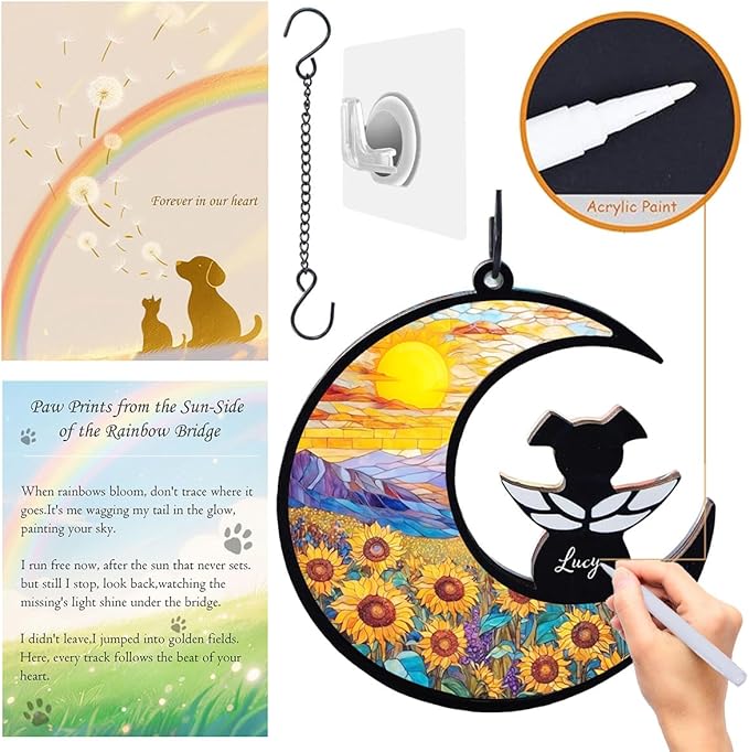 Dog Angel Memorial Suncatcher with Rainbow Bridge Poem Card, Pet Sympathy Gifts for Loss of Dogs and Cats, Sunflower