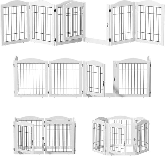 VINGLI Freestanding Dog Gate with Door, Pet Gate with Walk Through Door, Foldable Pet Safety Fence for Stairs Doorways Fireplace (24" H - 6 Panels)