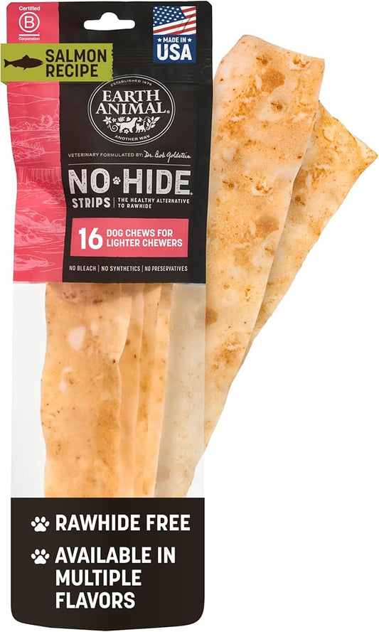 Earth Animal No Hide Strips - Natural Rawhide Free Dog Chew Strips, Salmon - 16 Count