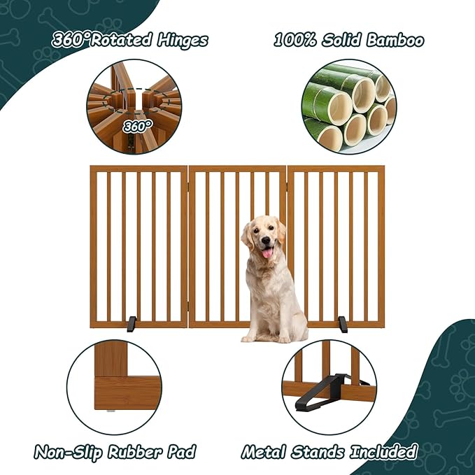 Semiocthome Freestanding Dog Gate 32" Tall, 3-Panel Foldable Dog Gates for Doorways Stairs House, Pet Gate Indoor with 2 Metal Stands, Walnut