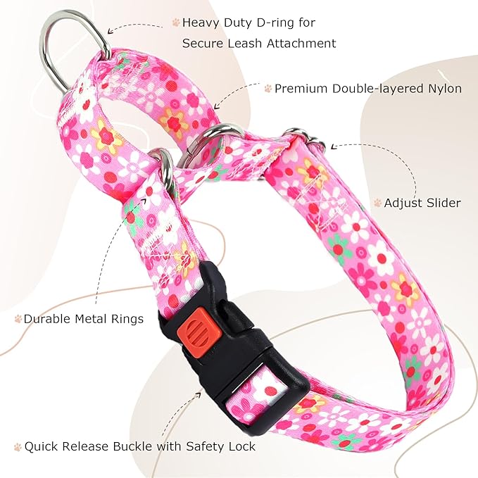 Pink Martingale Collar for Medium Dogs with Safety Buckle, Adjustable Girl Dog Collars with Flowers Design, Heavy Duty No Slip Collar Great for Whippets, Greyhounds and More (M)