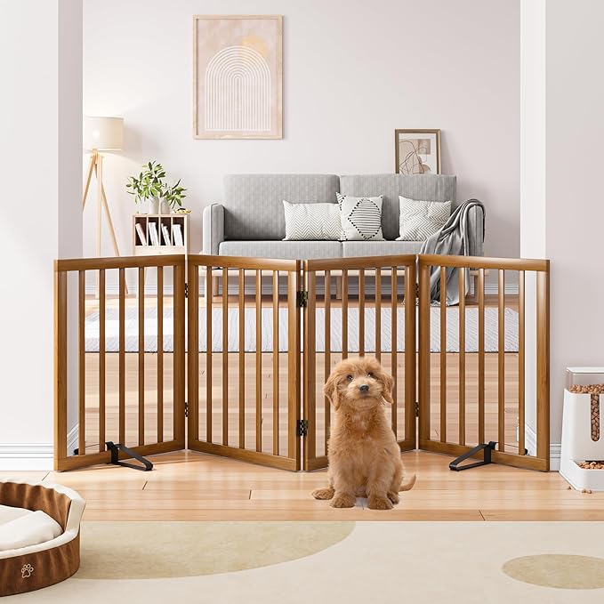 Semiocthome Freestanding Dog Gate 24“Tall, Walnut Foldable Dog Gates for Doorways Stairs Indoor, Wooden 4 Panels Pet Gates for Dogs with 2 Metals Stands, Fully Assembled Door Gates Fences