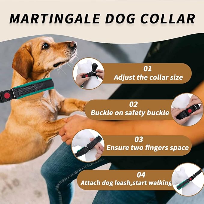 Martingale No Pull Dog Collar for Large Medium Small Dogs, Heavy Duty Nylon Reflective Adjustable Anti Pull Slip Collar with Buckle for Training Walking S Black Green