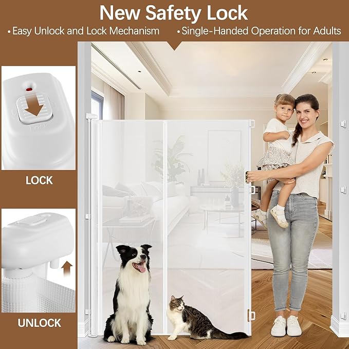 Reinforced 60 Inch Extra Tall Pet Gate for Cats - No Jumping Over/Crawling Under, 55" Wide Retractable Dog Gate with Support Rods, Indoor/Outdoor Retractable Gate Extra Tall Baby Gate for Cats, White