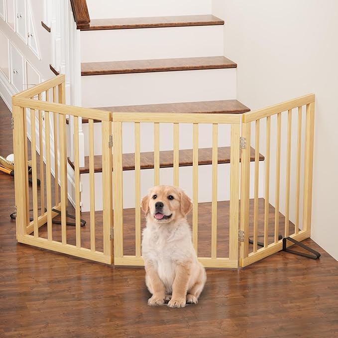 Dog Gate, Freestanding Dog Gates for Doorways, Indoor,Foldable Pet Gates for Doorways Bedroom, Puppy Gate with Metal Support Feet, Room Dividerr 4 Panels (Natural)