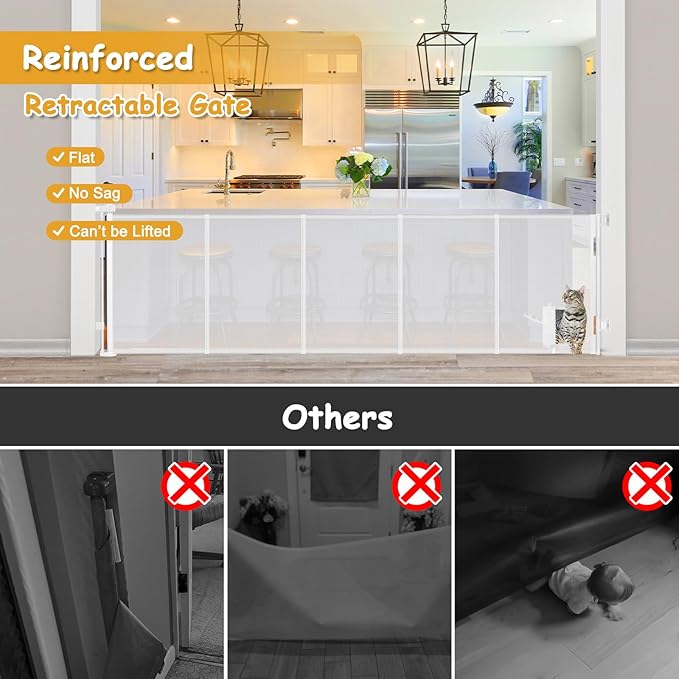 Reinforced 120” Extra Wide Baby Gate with Cat Door 33 Inch Tall Outdoor Pet Gates for Wide Openings 10 Ft Reinforced Retractable Dog Gates for Doorways Retractable Pet Gate Indoor with Cat Door, White