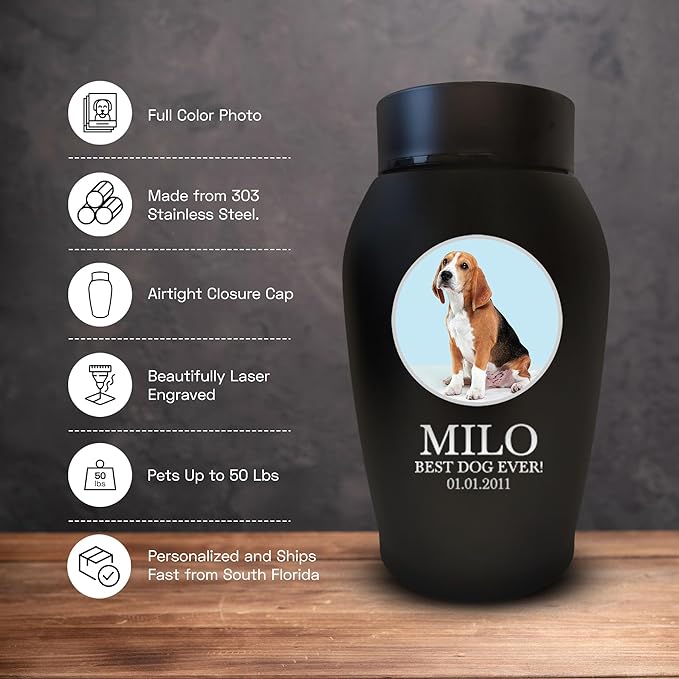 Personalized Custom Photo Dog Urn Engraved Dog Name and Date Stainless Steel Cremation Urns for Dogs Ashes with Pet Photo | Up to 50 Lbs | Standard 7" x 5" | Black