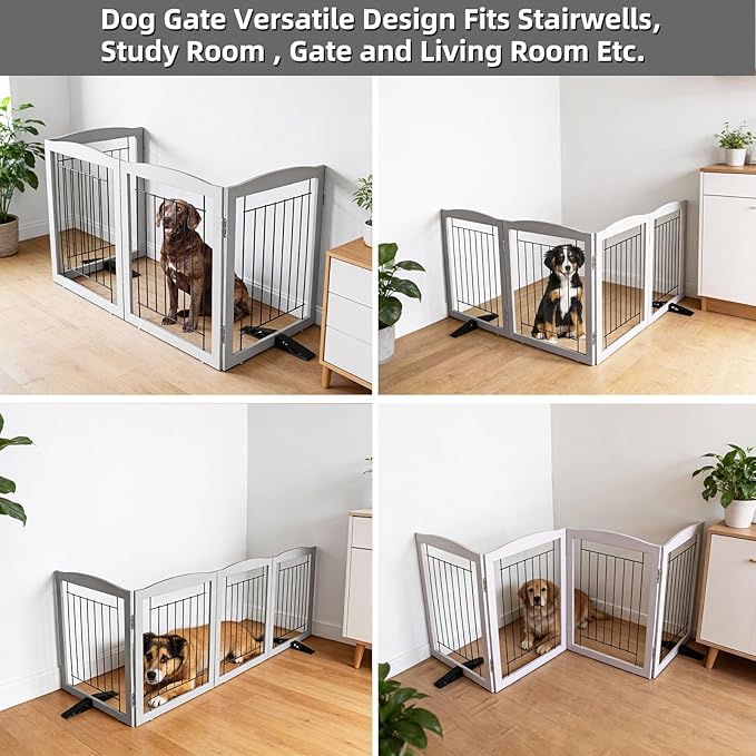 Dog Fence Indoor,Dog Gate Indoor for Doorway pet gate -4-Panel Freestanding, Hallways, House or Stairs -80x32-Inch Retractable Foldable Expandable Wood Pet by SFJC (Grey) ﻿