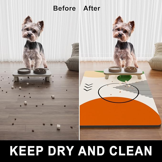 Dog Food Mat, 12" x 19" Absorbent Dog Cat Bowl Mat for Food and Water, Cute Anti-Slip Rubber Pet Feeding Rug Protect Floors, Placemat for Feeding & Watering Supplies, Modern Abstract Art
