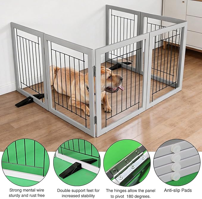 ZJSF Freestanding Dog Gate Indoor, Foldable Dog Fence for Doorways,Hallways or Stairs, Sturdy Wood Extra Wide Pet Gate with Support Feet,Grey,32 "Height-6 Panels