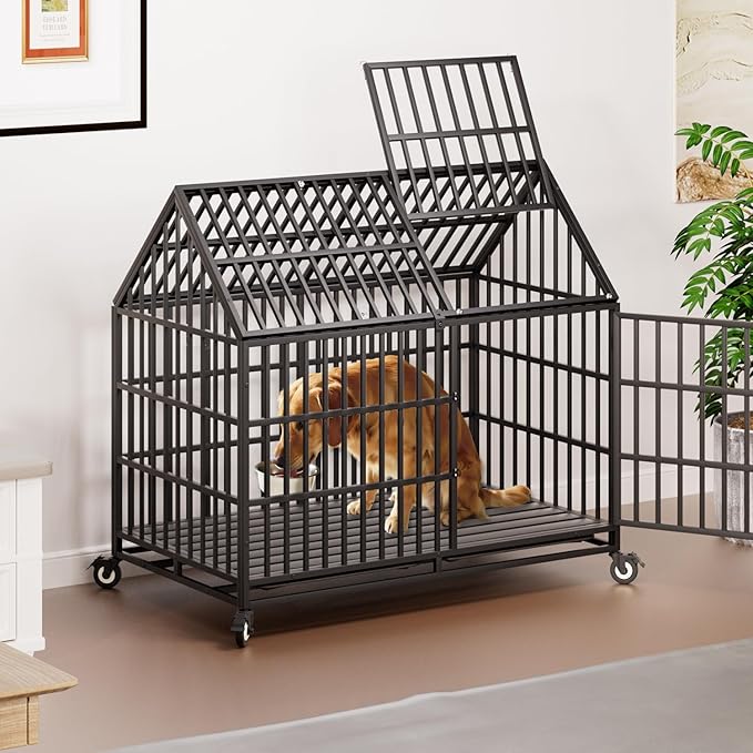 50 inch Heavy Duty Dog Crate with 2 Bowls and 4 Wheels, Indestructible Escape-Proof Steel Pet Kennel Cage Indoor for High Anxiety Dogs with 4 Sturdy Locks, Double Door and 2 Trays, Extra Large XL XXL