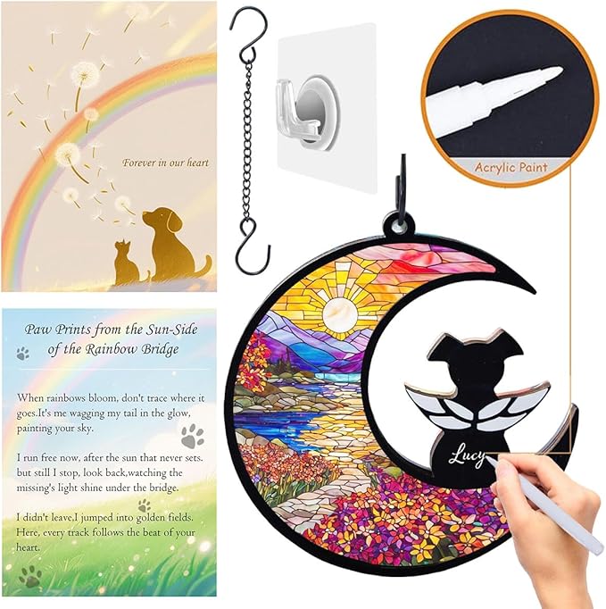 Dog Angel Memorial Suncatcher with Rainbow Bridge Poem Card, Pet Sympathy Gifts for Loss of Dogs and Cats, Natural Landscape
