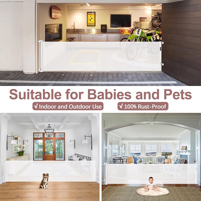85 Inch Wide Baby Gate for Wide Openings Indoor Retractable Baby Gates Outdoor Retractable Dog Gate Mesh Gates for Kids or Pets Long Pet Gate for Doorways Long Dog Gate for Stairs, Porches, White