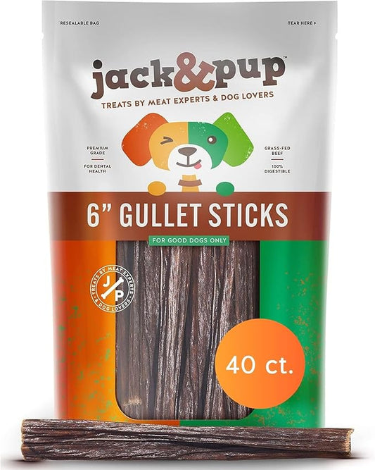 Jack&Pup 6-inch Gullet Sticks for Dogs – Odor Free Joint Health Support Dog Chews – Fresh and Savory Beef Gullet Sticks - Naturally Rich in Glucosamine and Chondroitin (40 Pack)