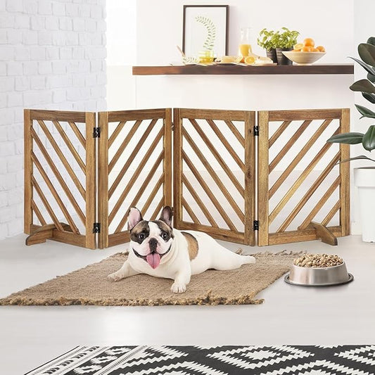 dCee Solid Acacia Wood Dog Gate, Expanded Wide 81 Inches, Freestanding Dog Gate Indoor, Foldable 4 Panels with 2 Support Legs, Ideal for Doorway, Kitchen, Hall, Stairs, Pet securety, Ebony Color