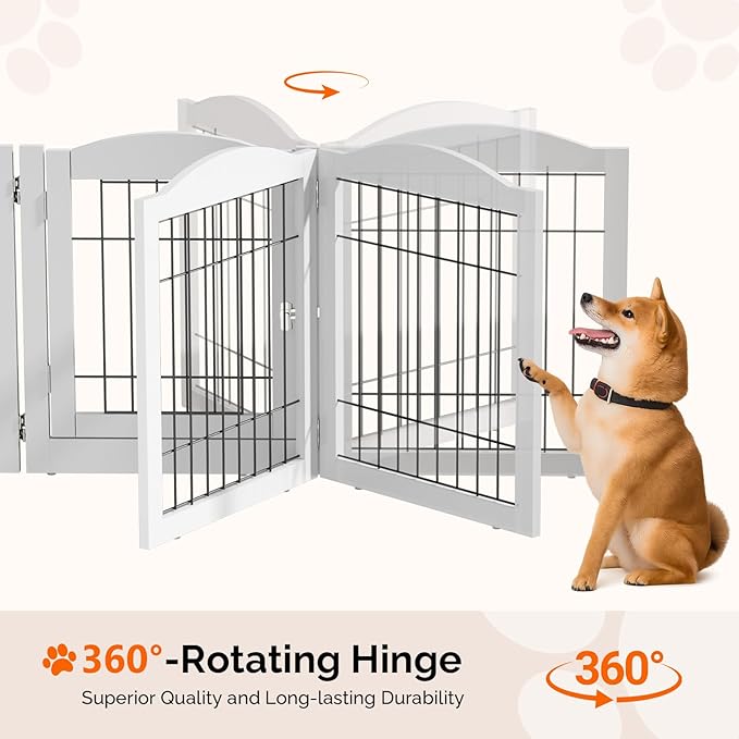 VINGLI Freestanding Dog Gate with Door, Pet Gate with Walk Through Door, Foldable Pet Safety Fence for Stairs Doorways Fireplace (24" H - 4 Panels)