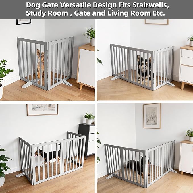 Dog Gate Indoor, Freestanding Dog Fence for The House, Doorways, Hallways,or Stairs,Pet Gate Foldable Wooden,Expandable 32" Height 2 Panels,Grey