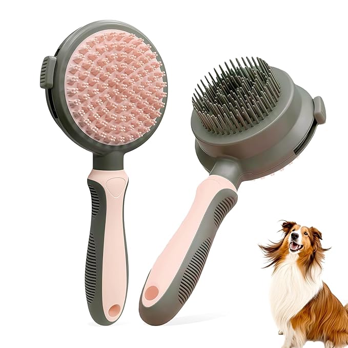 Pink Retractable Self-Cleaning Dog Bath Brush Double-Sided Dog Shedding Brush Long&Short Pin Cat Deshedding Brush Pet Grooming Tool for Dogs and Cats Remove Loose Hair Mats Knots Tangles
