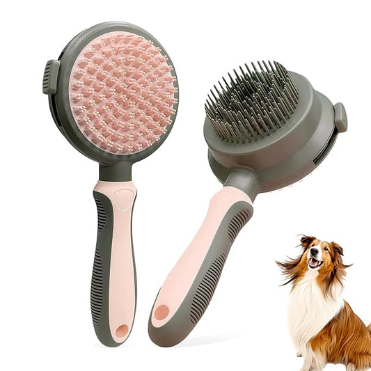 Pink Retractable Self-Cleaning Dog Bath Brush Double-Sided Dog Shedding Brush Long&Short Pin Cat Deshedding Brush Pet Grooming Tool for Dogs and Cats Remove Loose Hair Mats Knots Tangles
