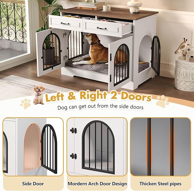 43.3" XL Dog Crate Furniture for Small and Medium Dog, Heavy Duty Indoor Dog Kennel with 2 Storage Drawers, Wooden Decorative Dog Cage with Side Doors, End Table Dog Crate, White