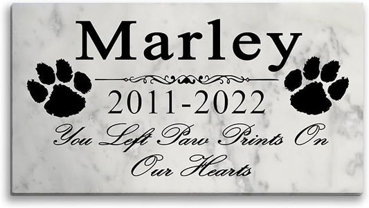 Broad Bay Dog Pet Memorial Gift Stone Solid Marble Personalized Pet Plaque Garden Marker Indoor or Outdoor Grave Headstone 12" x 6" (Paw Prints On Our Hearts)