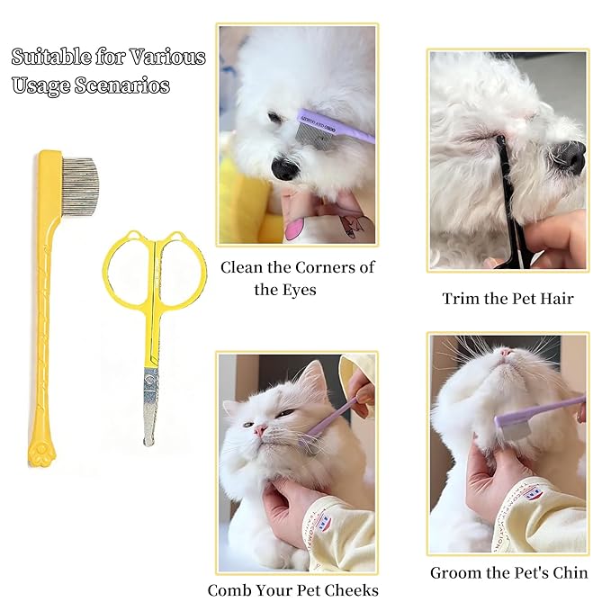 2 Pack Stainless Steel Dog Eye Comb - Small Design for Pet Facial & Paw Grooming, Round-Tip Arc Teeth, ABS Handle, Puppy Flea Brush, Fit Yorkie, Shih Tzu, Maltese, Maltipoo, Pomeranian, Cat