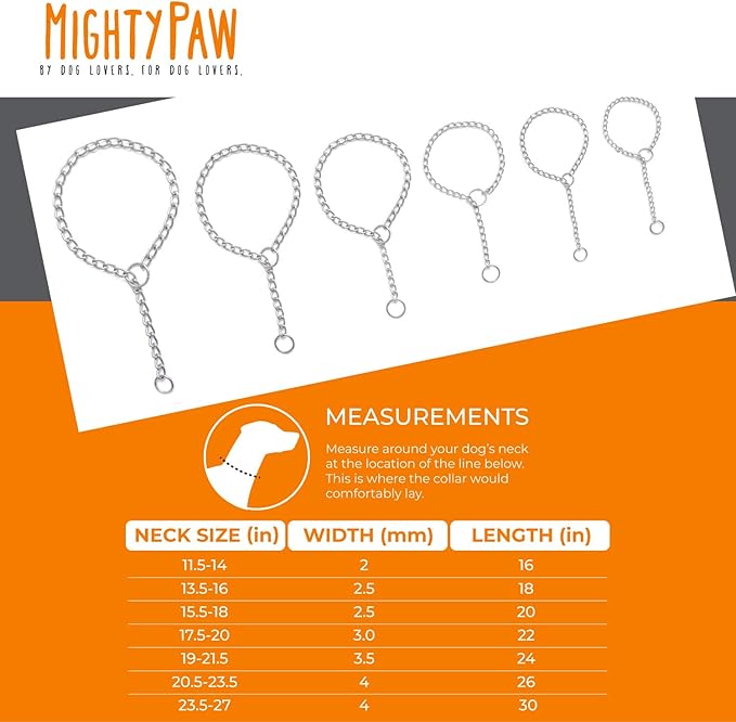Mighty Paw Slip Collar - Stainless Steel - Weather Resistant - Tarnish Proof - Durable Chain Dog Choke Collars - No Pull Dogs Training - Strong and Premium - Metal Chain (16")