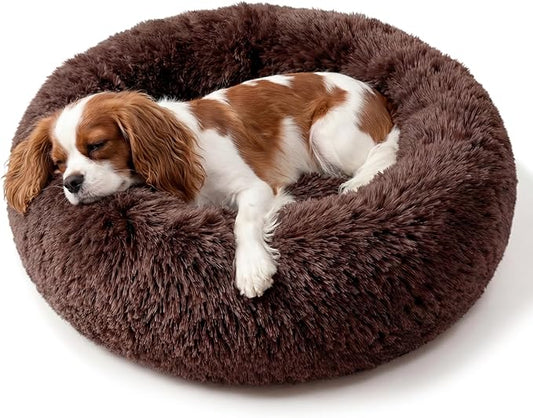 Calming Dog Bed for Medium Dogs Washable Donut 30 inches Anti-Slip Pet Bed,Round Fluffy Plush Faux Fur Cat Bed,Fits up to 45 lbs Pets,Chocolate Brown