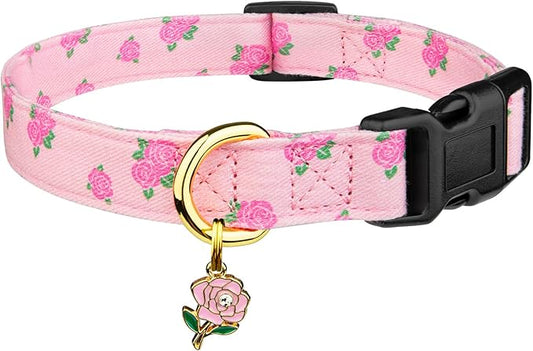 Cotton Handmade Dog Collar Cute and Distinctive Patterns Pink Rose with Pendant for Girl Boy Dogs Collars M
