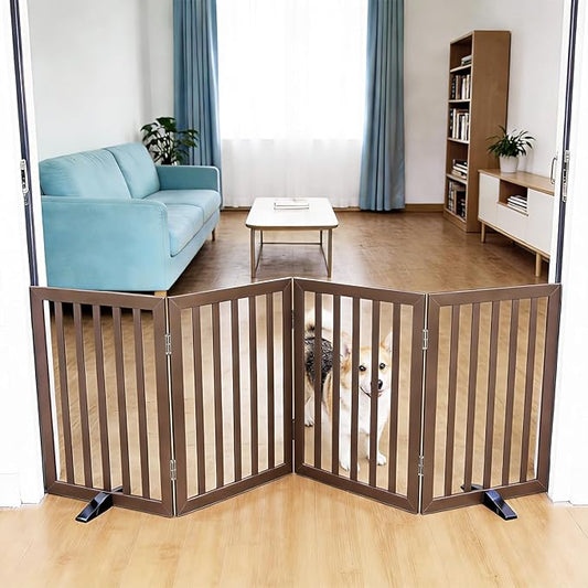 Dog Gate Indoor, Freestanding Dog Fence for The House, Doorways, Hallways,or Stairs,Pet Gate Foldable Wooden,Expandable 24" Height 4 Panels,Brown