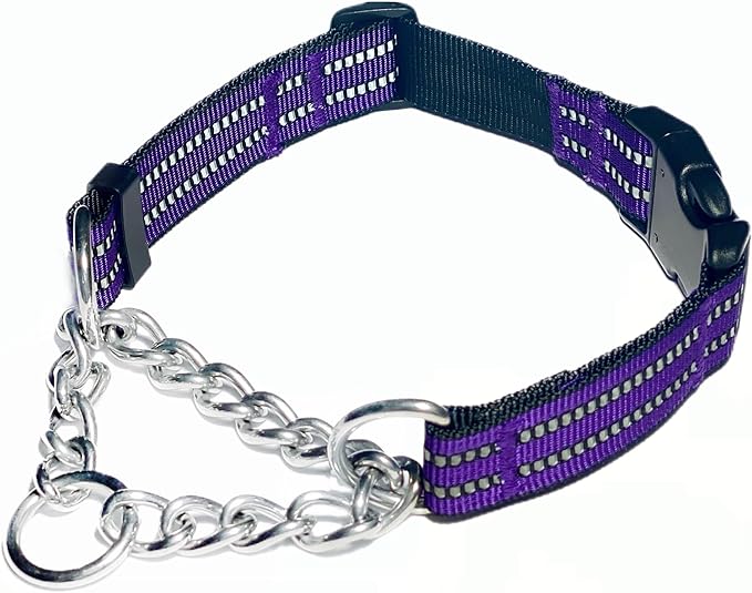 Martingale Collars for Dogs, Heavy Duty Stainless Steel Chain Training Collar, Reflective Nylon Adjustable Collar with Quick Release Buckle, Suitable for Puppy Medium Large Dogs((Purple,M)