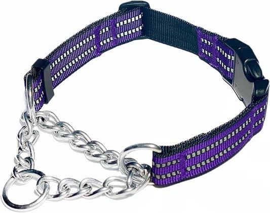 Martingale Collars for Dogs, Heavy Duty Stainless Steel Chain Training Collar, Reflective Nylon Adjustable Collar with Quick Release Buckle, Suitable for Puppy Medium Large Dogs((Purple,M)
